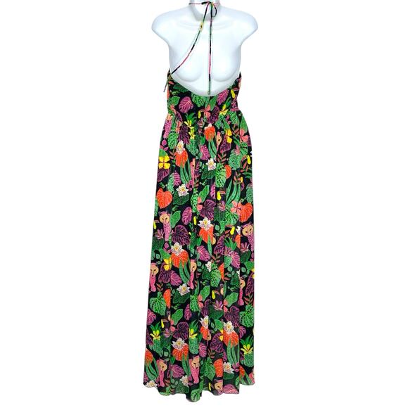 Betsey Johnson L NEW Paulina Tropical Print Halter Maxi Dress In Raven Black - Picture 3 of 11